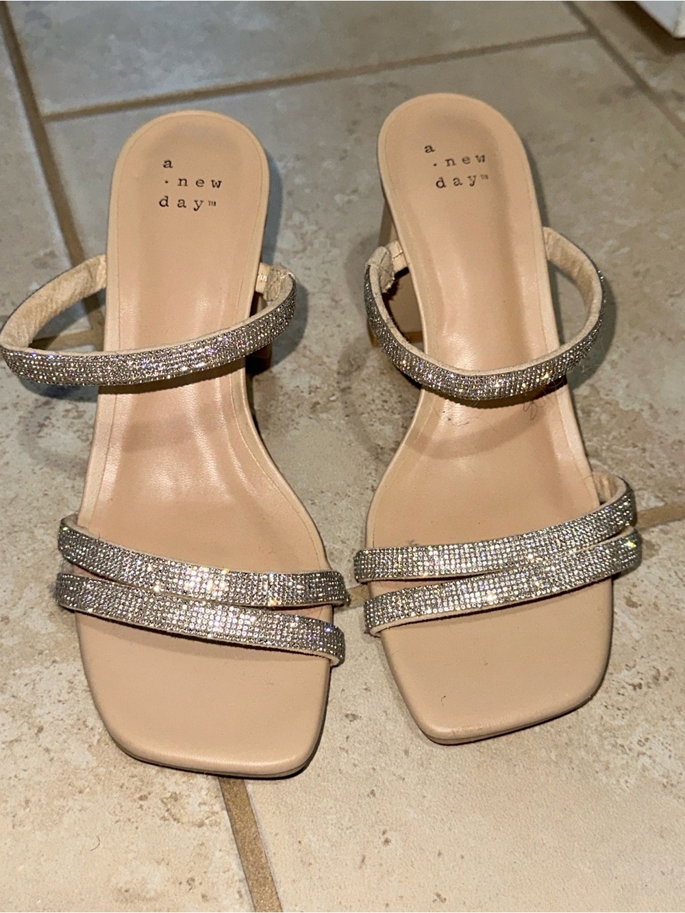 a new day Nude Rhinestone Double-Strap Slide Heels